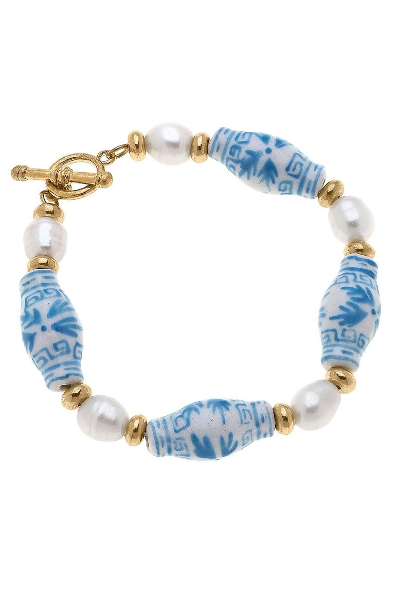 Melanie Porcelain & Freshwater Pearl T-Bar Bracelet in Wedgwood Blue - Wedgwood Blue