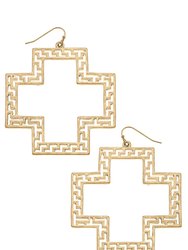 Melissa Greek Keys Cross Statement Earrings - Worn Gold