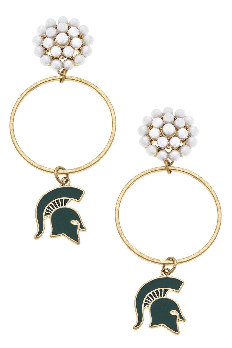 Michigan State Spartans Pearl Cluster Enamel Hoop Earrings - Spartan Green