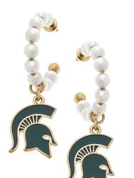 Michigan State Spartans Pearl Hoop Enamel Drop Earrings - Spartan Green