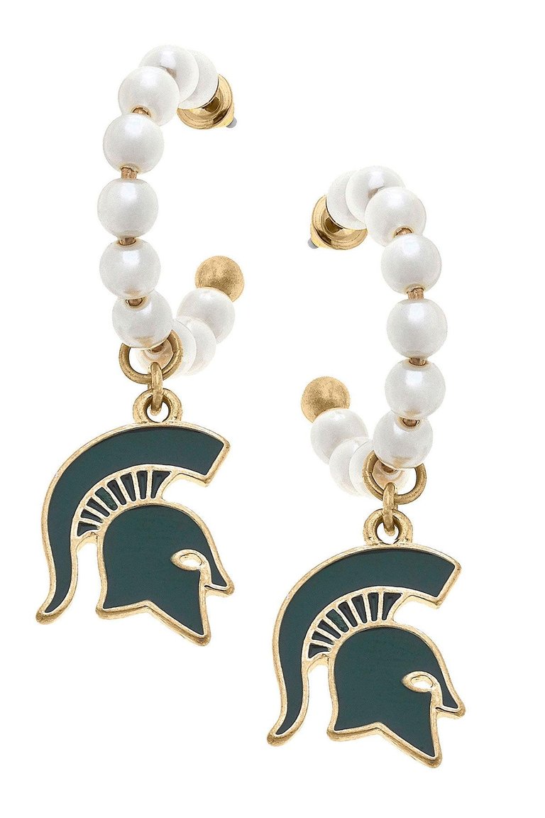 Michigan State Spartans Pearl Hoop Enamel Drop Earrings - Spartan Green