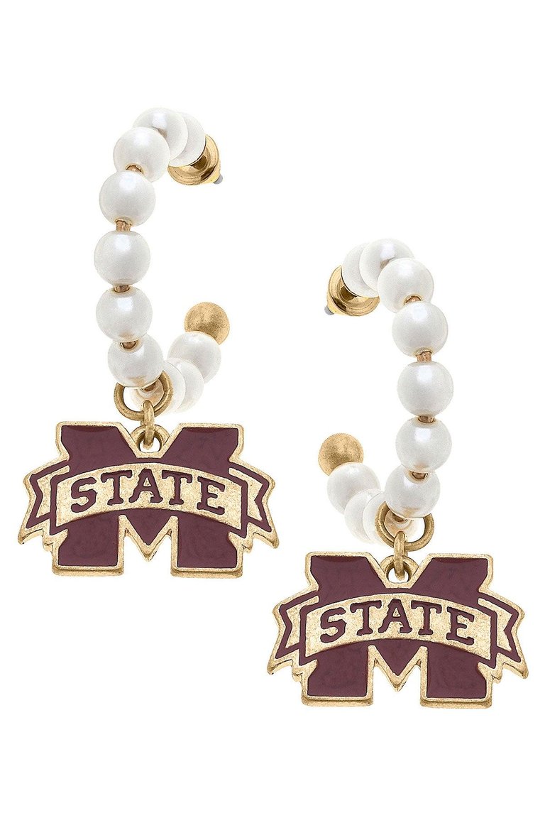 Mississippi State Bulldogs Pearl Hoop Enamel Drop Earrings - Maroon