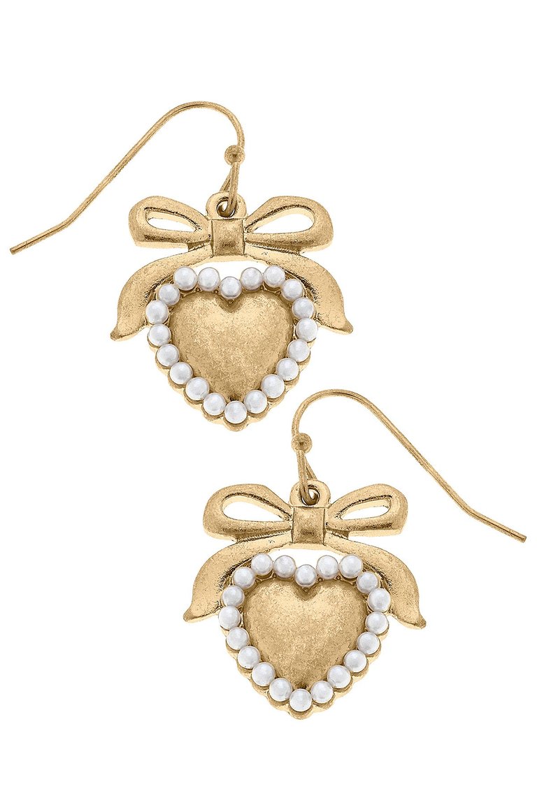 Molly Pearl Studded Heart And Bow Earrings - Worn Gold