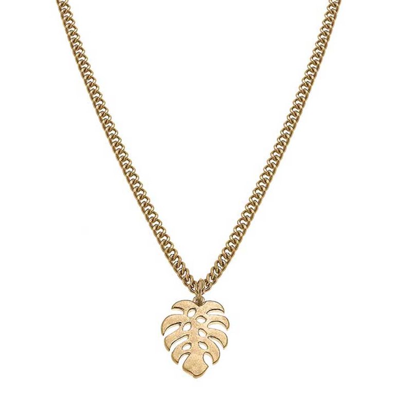 Monstera Leaf Charm Necklace in Worn Gold - Gold