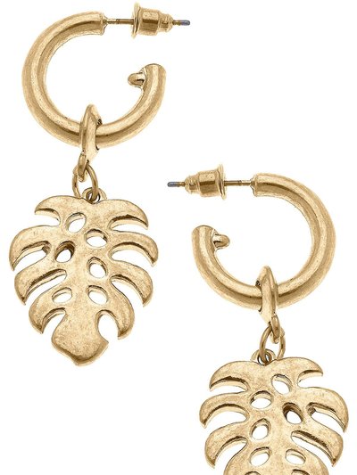Canvas Style Monstera Leaf Drop Hoop Earrings in Worn Gold product