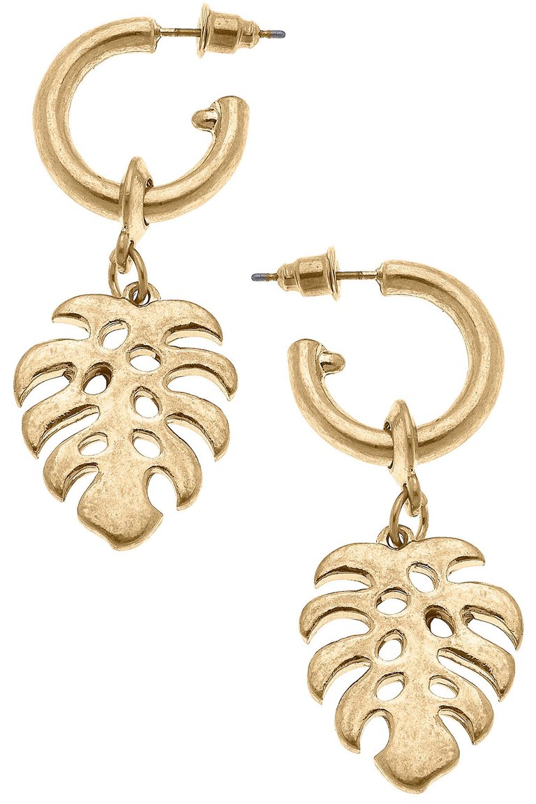 Monstera Leaf Drop Hoop Earrings in Worn Gold - Gold