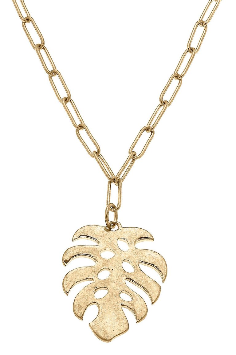 Monstera Leaf Pendant Necklace in Worn Gold - Gold