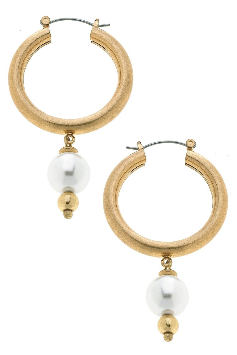 Nina Pearl Drop Hoop Earrings - Worn Gold