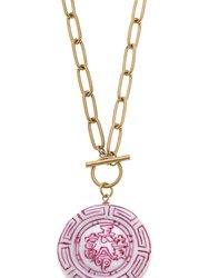 Ophelia Pink Chinoiserie Pendant T-Bar Necklace - Pink/White