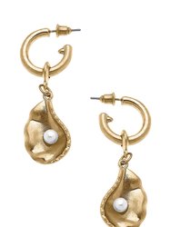 Oyster with Pearl Drop Hoop Earrings - Worn gold