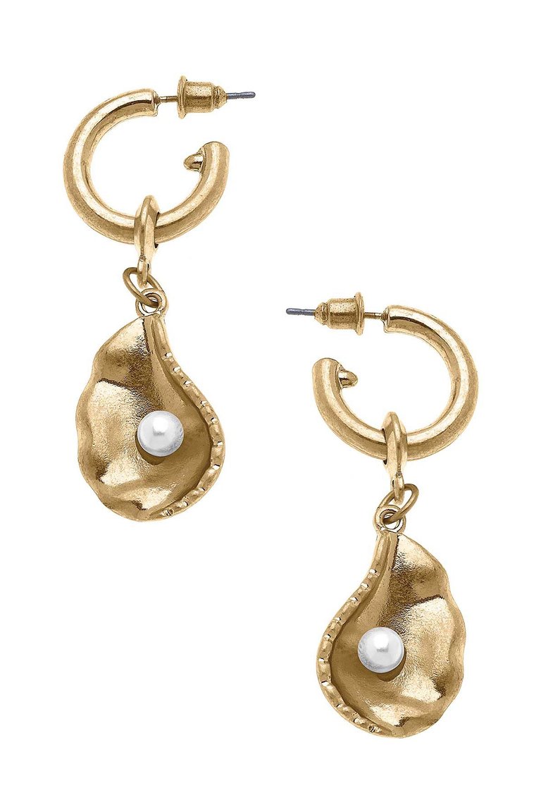 Oyster with Pearl Drop Hoop Earrings - Worn gold