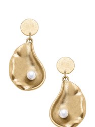 Oyster with Pearl Statement Earrings in Worn Gold - Gold