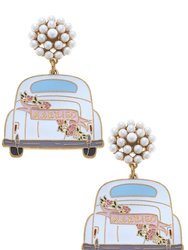 Peach Enamel Just Married Getaway Car Earrings - White/Pink