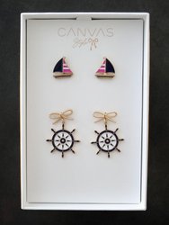 Penny Pink Sailboat Stud and Bobbie Navy Ship's Wheel Earring Set