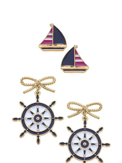 Canvas Style Penny Pink Sailboat Stud and Bobbie Navy Ship's Wheel Earring Set product