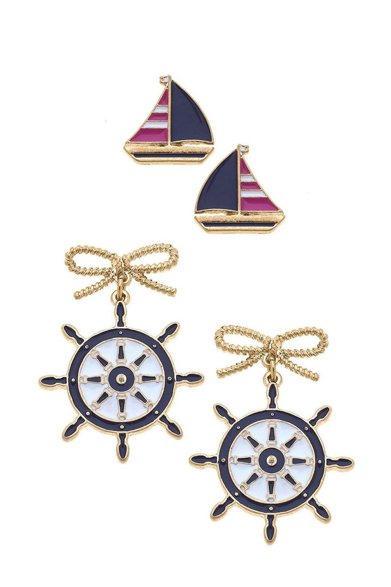 Penny Pink Sailboat Stud and Bobbie Navy Ship's Wheel Earring Set - Pink/Navy