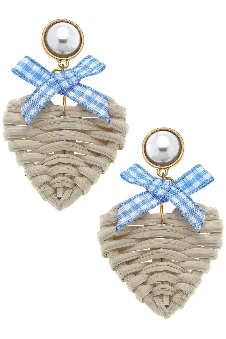 Piper Rattan & Gingham Heart Drop Earrings in Blue - Blue