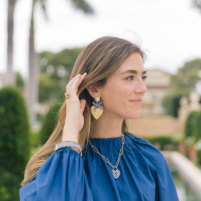 Piper Rattan & Gingham Heart Drop Earrings in Navy