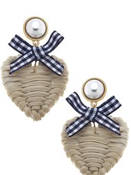 Piper Rattan & Gingham Heart Drop Earrings in Navy - Navy