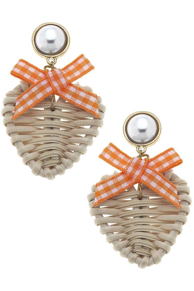 Piper Rattan & Gingham Heart Drop Earrings in Orange - Gold