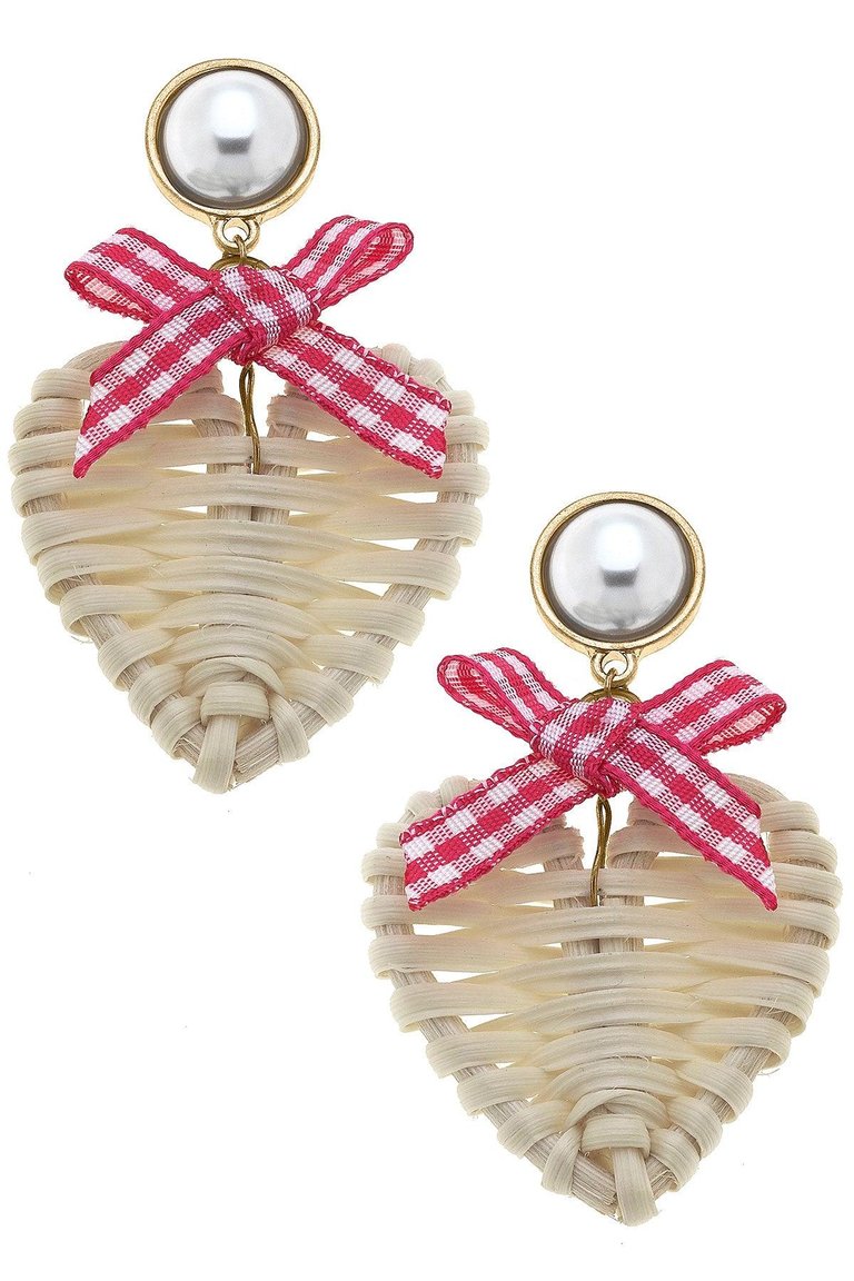 Piper Rattan & Gingham Heart Drop Earrings - Fuchsia