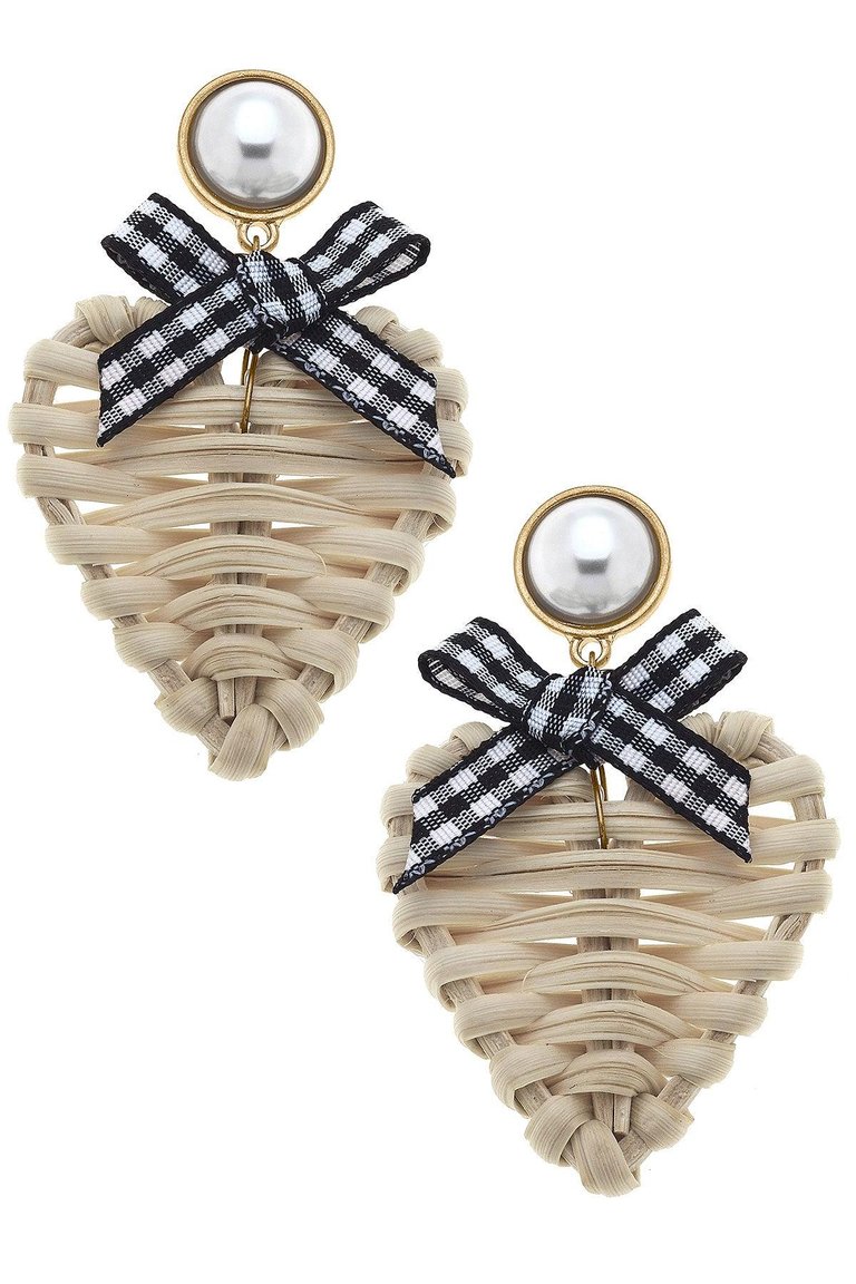 Piper Rattan & Gingham Heart Drop Earrings - Black