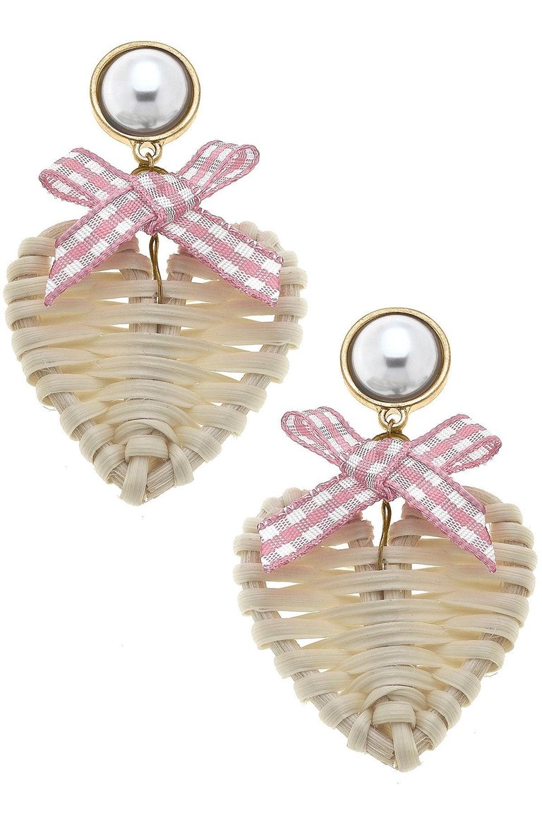 Piper Rattan & Gingham Heart Drop Earrings - Pink