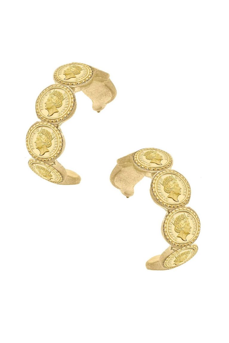 Queen Elizabeth Coin Hoop Earrings - Worn Gold