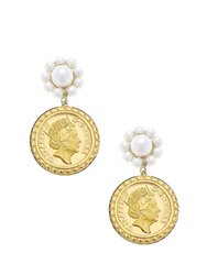 Queen Elizabeth Coin Pearl Drop Earrings - Worn Gold