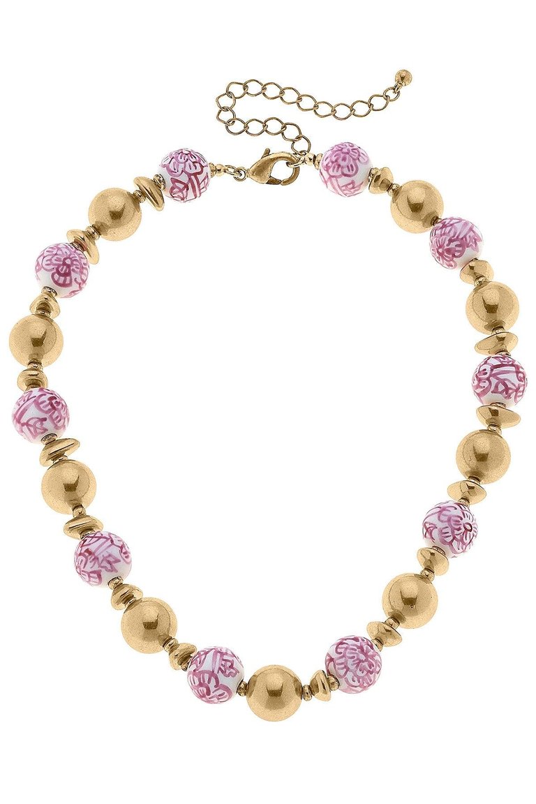 Regina Chinoiserie & Ball Bead Necklace - Pink/White/Gold