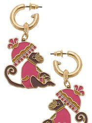 Remy Enamel Monkey Earrings in Pink & Brown - Pink & brown