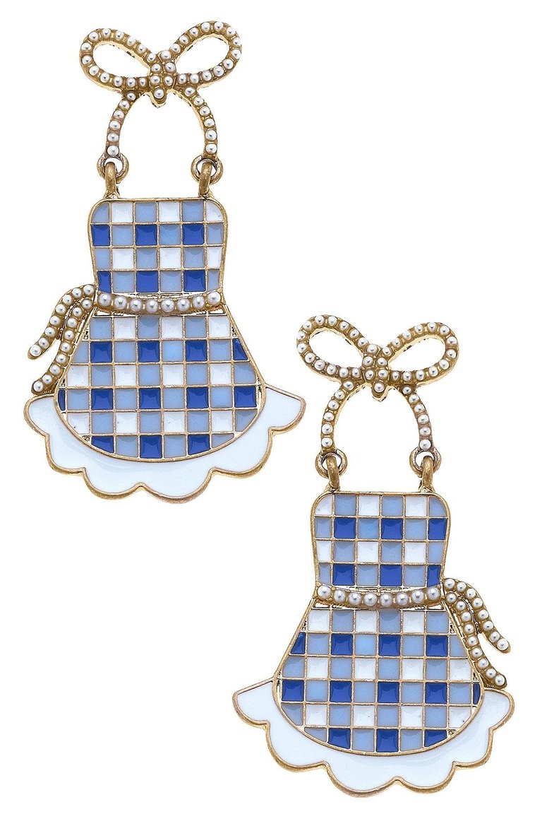 Rose Enamel Apron Earrings in Blue & White - Blue / White