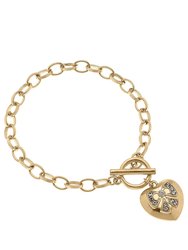 Rylan Pave Bow Heart Charm T-Bar Bracelet - Worn Gold