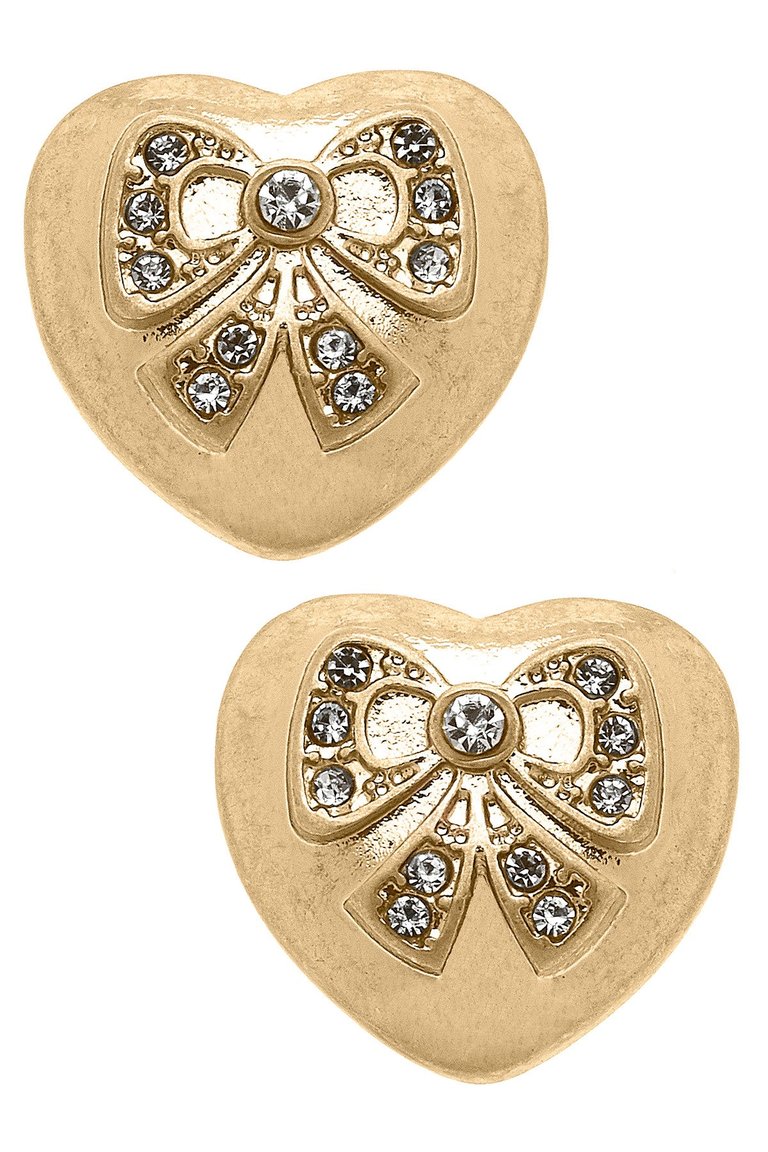 Rylan Pavé Bow Heart Stud Earrings - Worn Gold