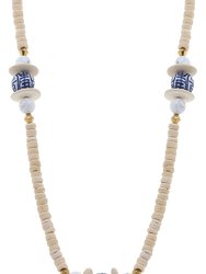 Savoy Blue & White Chinoiserie & Painted Wood Necklace - Ivory