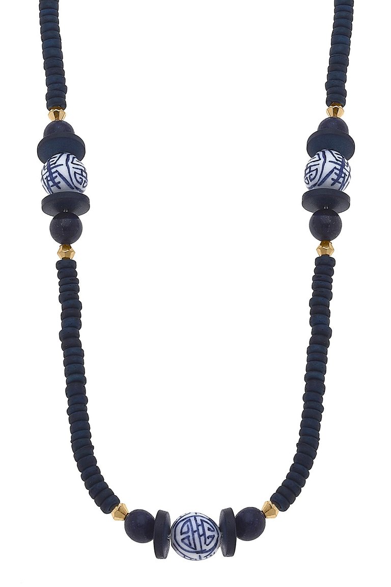 Savoy Blue & White Chinoiserie & Painted Wood Necklace - Navy