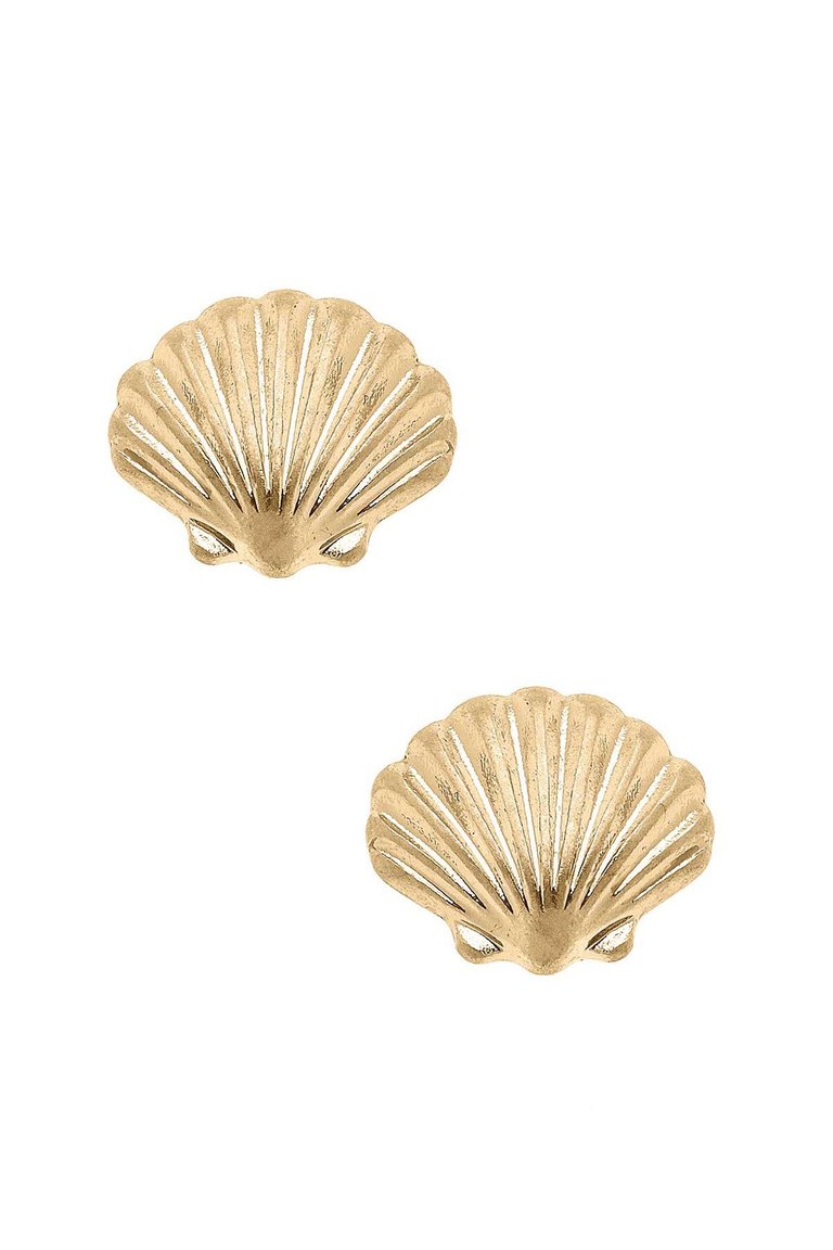 Scallop Shell Stud Earrings in Worn Gold - Worn Gold