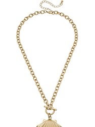Scallop Shell T-Bar Pendant Necklace in Worn Gold
