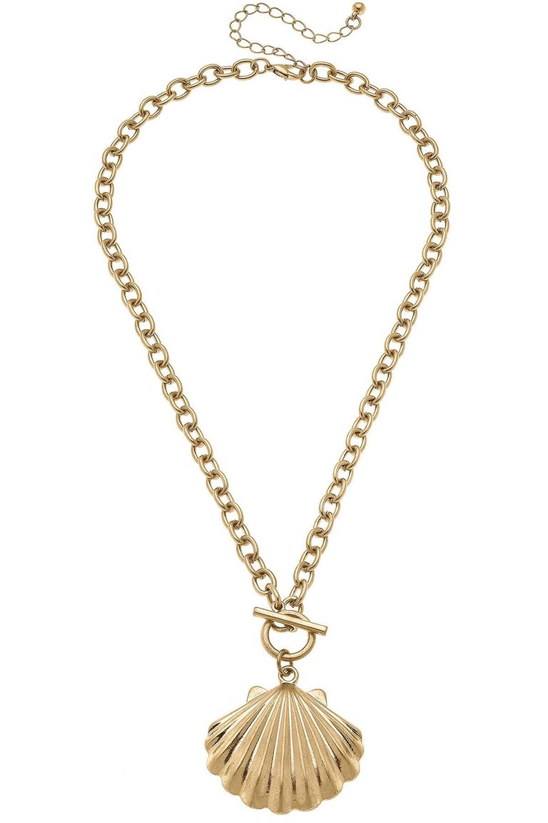 Scallop Shell T-Bar Pendant Necklace in Worn Gold