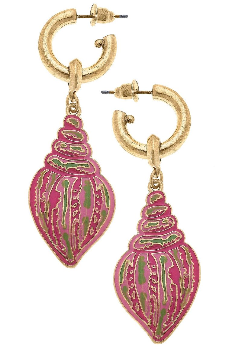 Seashell Enamel Drop Hoop Earrings - Pink