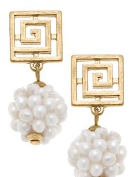 Shea Greek Keys Pearl Cluster Drop Earrings - Ivory/Gold