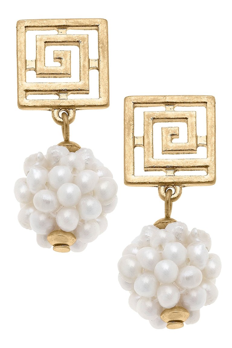 Shea Greek Keys Pearl Cluster Drop Earrings - Ivory/Gold