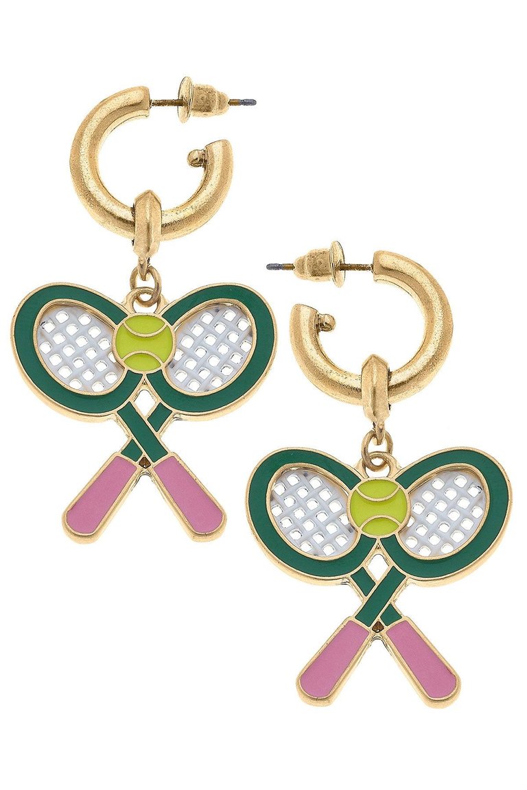 Sloan Tennis Racquet Enamel Drop Hoop Earrings - Green & Pink