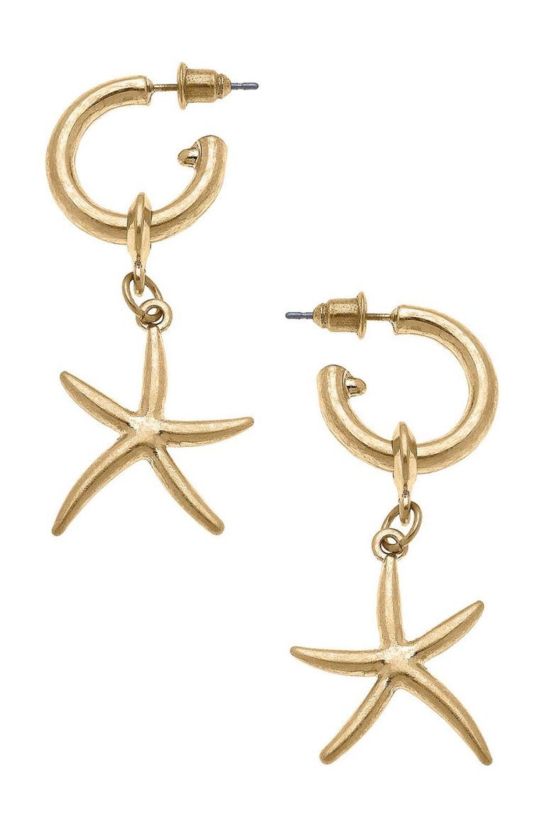 Starfish Drop Hoop Earrings - Worn Gold