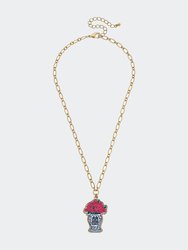 Stuck On You Ginger Jar With Roses Patch Necklace - Blue/Pink