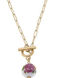 Taley Porcelain Rose T-Bar Necklace - Worn Gold