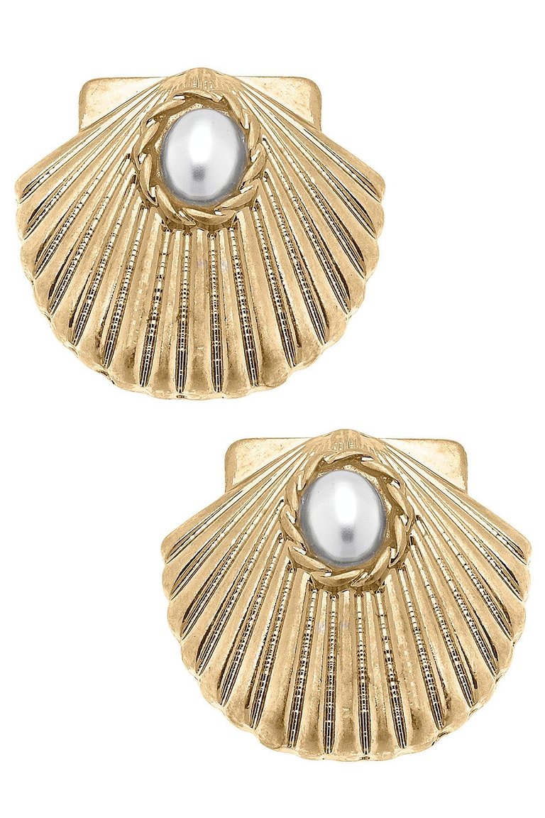 Tallulah Scallop & Pearl Stud Earrings - Worn Gold
