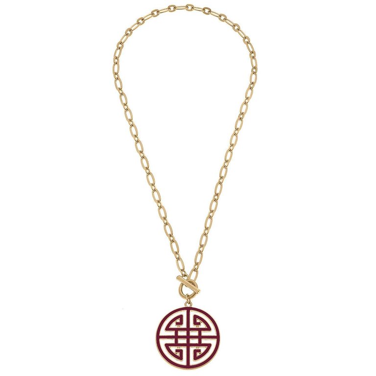 Tara Game Day Greek Keys Enamel Pendant Necklace In Maroon - Gold