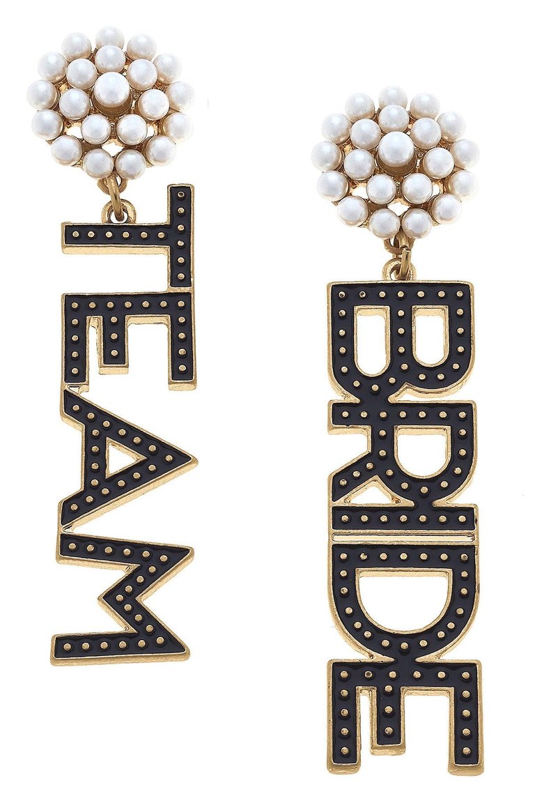 Team Bride Enamel & Pearl Cluster Drop Earrings - Black