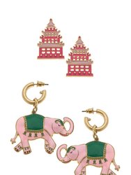 Tiffany Enamel Pagoda Stud And Livy Elephant Earring Set - Pink